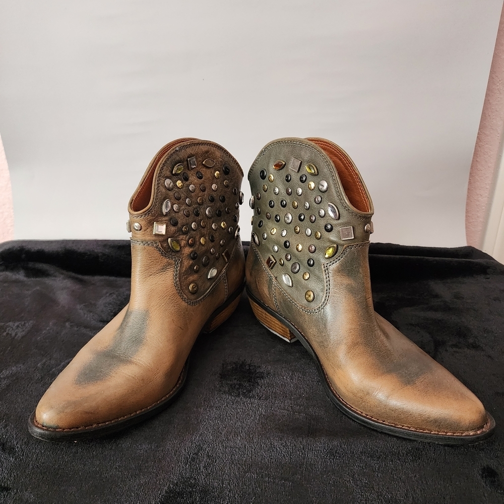 Embellished Leather Ankle Boots - Brown and Gray - Picture 3 of 9